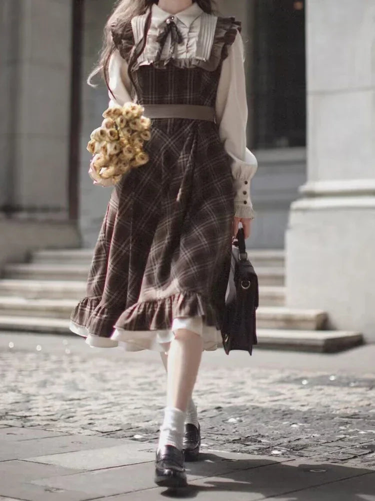 Vintage Lolita Two-Piece Dress - Plaid Bow Slim Fit Skirt for Women Winter 2024 Fashion - ZOOMNSTORE