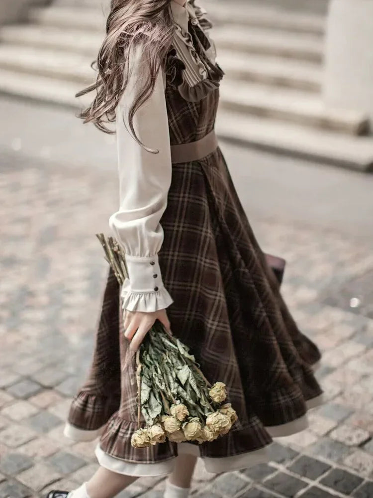 Vintage Lolita Two-Piece Dress - Plaid Bow Slim Fit Skirt for Women Winter 2024 Fashion - ZOOMNSTORE