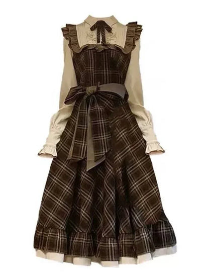 Vintage Lolita Two-Piece Dress - Plaid Bow Slim Fit Skirt for Women Winter 2024 Fashion - ZOOMNSTORE