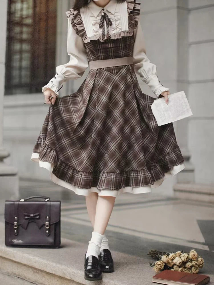 Vintage Lolita Two-Piece Dress - Plaid Bow Slim Fit Skirt for Women Winter 2024 Fashion - ZOOMNSTORE