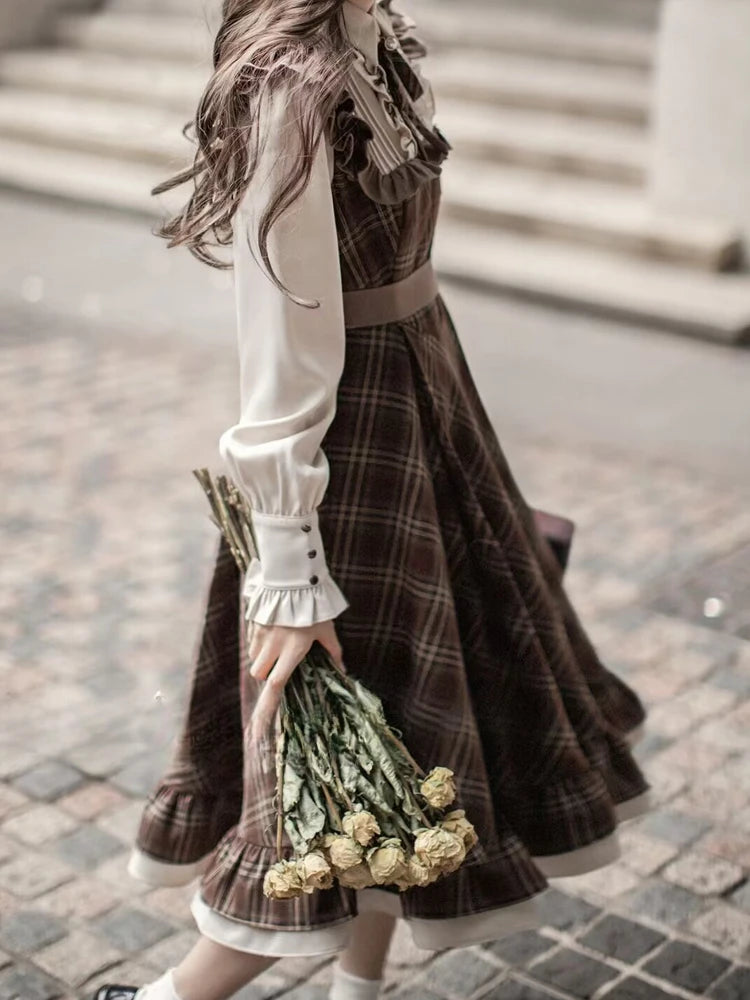 Vintage Lolita Two-Piece Dress - Plaid Bow Slim Fit Skirt for Women Winter 2024 Fashion - ZOOMNSTORE