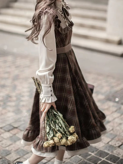 Vintage Lolita Two-Piece Dress - Plaid Bow Slim Fit Skirt for Women Winter 2024 Fashion - ZOOMNSTORE