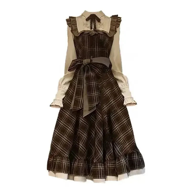 Vintage Lolita Two-Piece Dress - Plaid Bow Slim Fit Skirt for Women Winter 2024 Fashion - ZOOMNSTORE