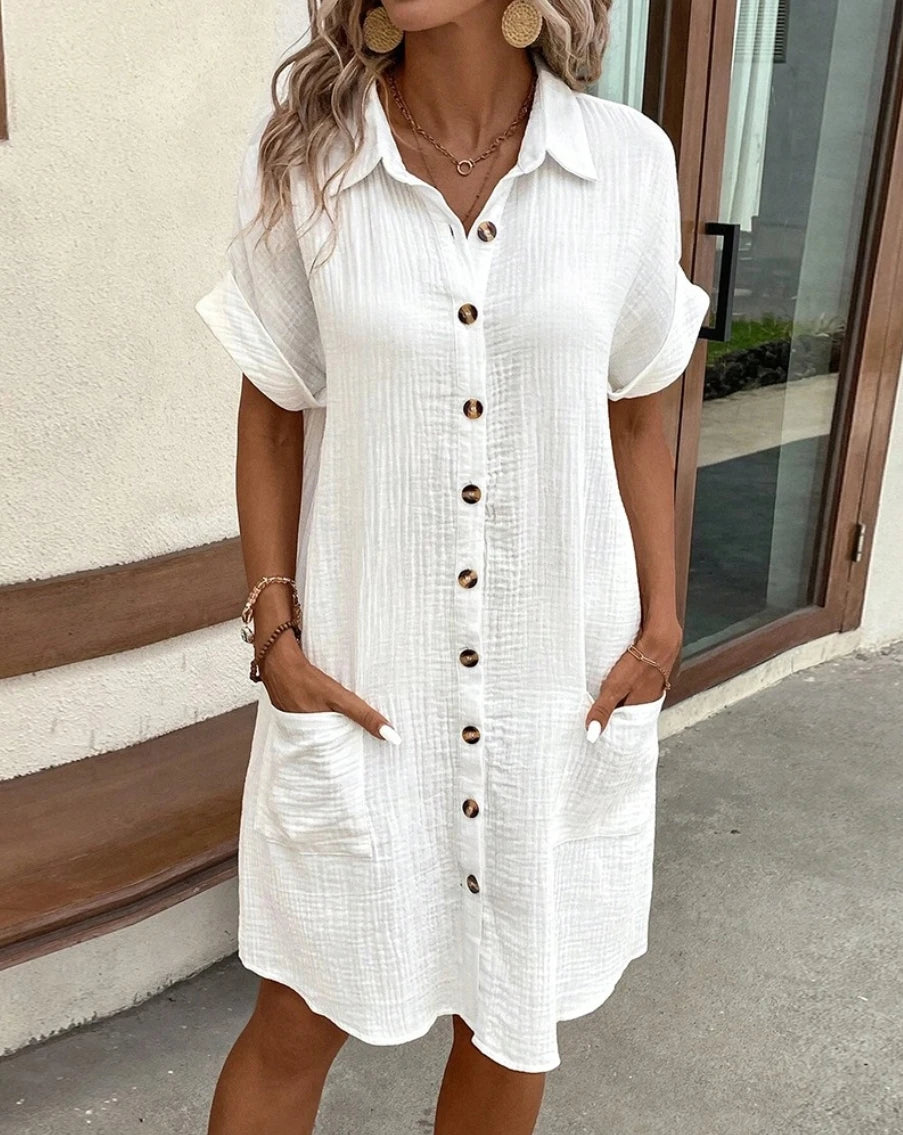 Vintage Mini Dress - Casual Cotton Linen Blend Summer Dress With Pockets - ZOOMNSTORE