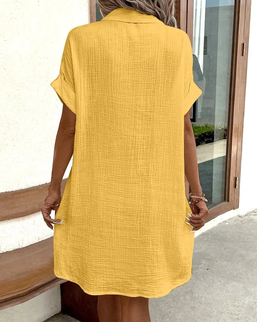 Vintage Mini Dress - Casual Cotton Linen Blend Summer Dress With Pockets - ZOOMNSTORE