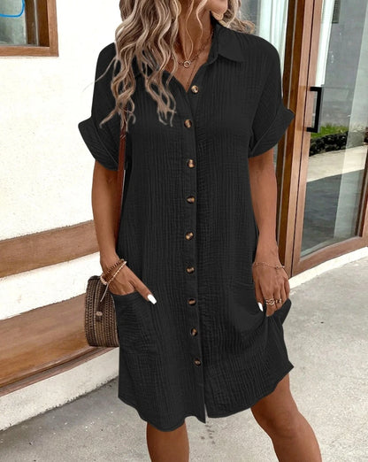 Vintage Mini Dress - Casual Cotton Linen Blend Summer Dress With Pockets - ZOOMNSTORE