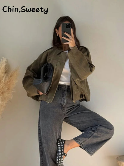 Vintage Suede Green Bomber Jacket Women Loose Lapel Full Sleeve Zipper Commute Coat 2025 Autumn Lady High Street All-match Coats - ZOOMNSTORE