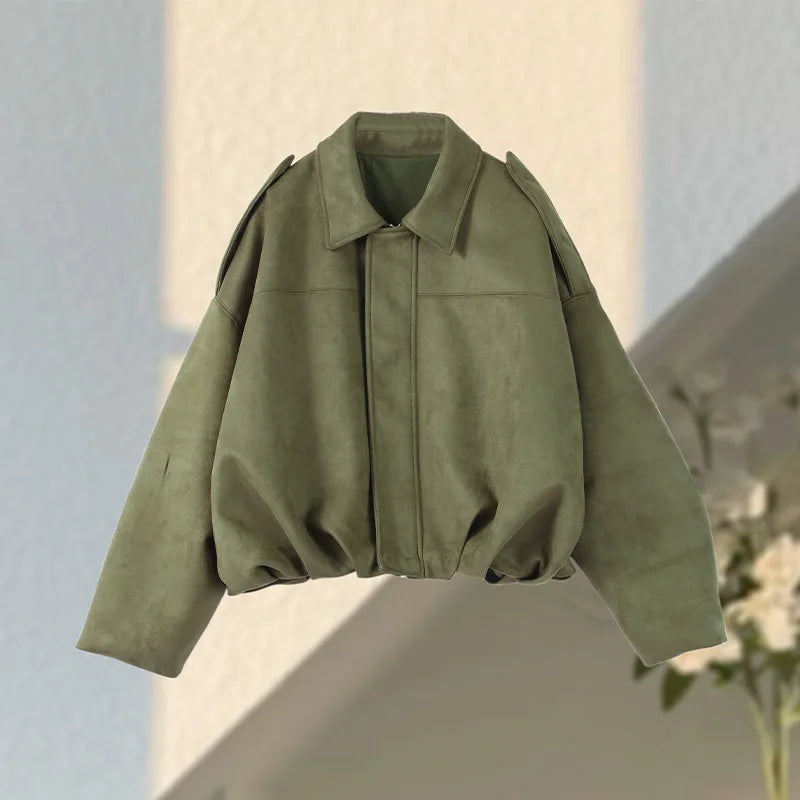 Vintage Suede Green Bomber Jacket Women Loose Lapel Full Sleeve Zipper Commute Coat 2025 Autumn Lady High Street All-match Coats - ZOOMNSTORE