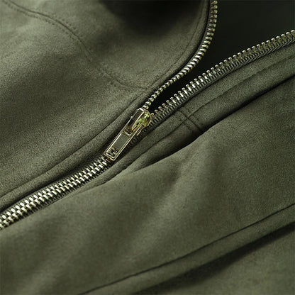 Vintage Suede Green Bomber Jacket Women Loose Lapel Full Sleeve Zipper Commute Coat 2025 Autumn Lady High Street All-match Coats - ZOOMNSTORE