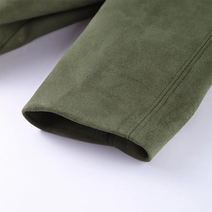 Vintage Suede Green Bomber Jacket Women Loose Lapel Full Sleeve Zipper Commute Coat 2025 Autumn Lady High Street All-match Coats - ZOOMNSTORE