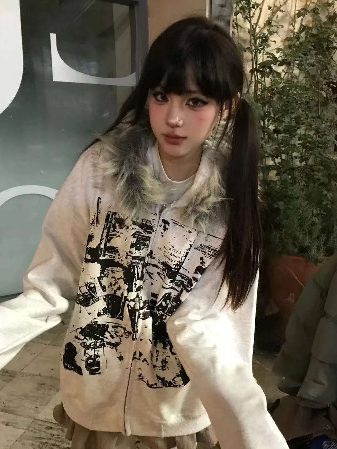 Vintage Y2K Hooded Sweatshirt - Womens Casual Streetwear Tunic Top - ZOOMNSTORE