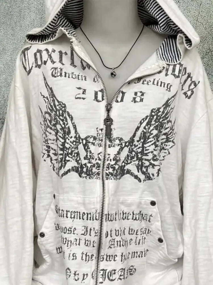 Vintage Y2K Hooded Sweatshirt - Womens Casual Streetwear Tunic Top - ZOOMNSTORE