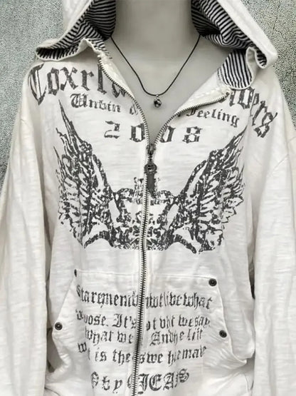 Vintage Y2K Hooded Sweatshirt - Womens Casual Streetwear Tunic Top - ZOOMNSTORE