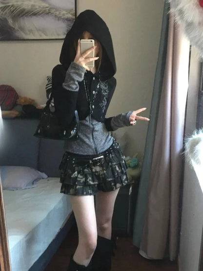 Vintage Y2K Hooded Sweatshirt - Womens Casual Streetwear Tunic Top - ZOOMNSTORE