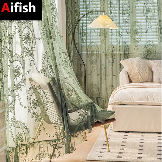 Vintage Dark Green Sheer Tulle Curtains - Elegant Ruffle Embroidered Flower Drapes for Bedroom or Balcony - ZOOMNSTORE