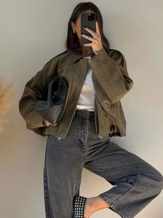 Vintage Womens Suede Bomber Jacket - Brown Green Casual Motorcycle Coat - ZOOMNSTORE