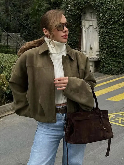 Vintage Womens Suede Bomber Jacket - Brown Green Casual Motorcycle Coat - ZOOMNSTORE