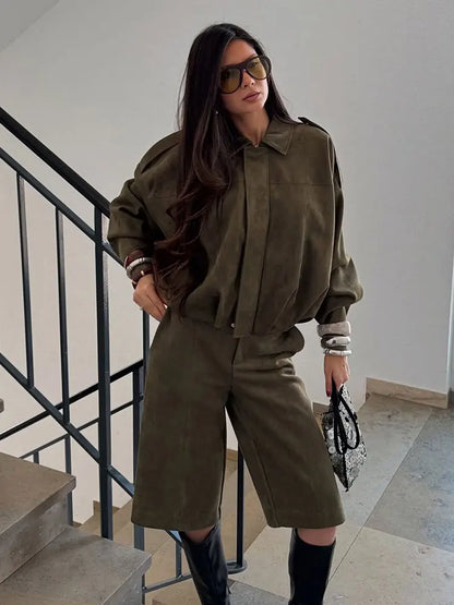Vintage Womens Suede Bomber Jacket - Brown Green Casual Motorcycle Coat - ZOOMNSTORE