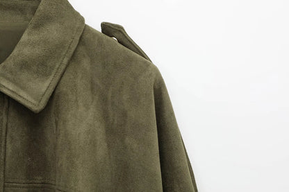 Vintage Womens Suede Bomber Jacket - Brown Green Casual Motorcycle Coat - ZOOMNSTORE