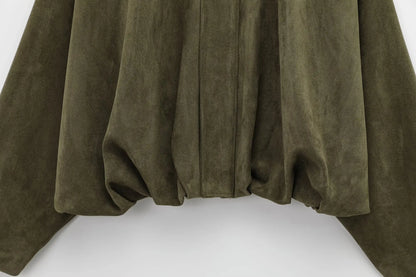 Vintage Womens Suede Bomber Jacket - Brown Green Casual Motorcycle Coat - ZOOMNSTORE