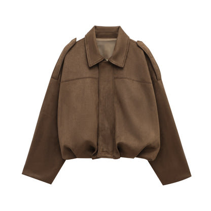 Vintage Womens Suede Bomber Jacket - Brown Green Casual Motorcycle Coat - ZOOMNSTORE