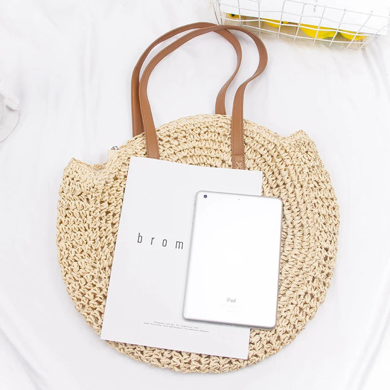 Vintage Woven Straw Beach Bag - Handmade Raffia Rattan Shoulder Bag - ZOOMNSTORE