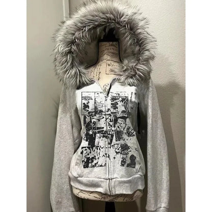 Vintage Y2K Hooded Sweatshirt - Womens Casual Streetwear Tunic Top - ZOOMNSTORE