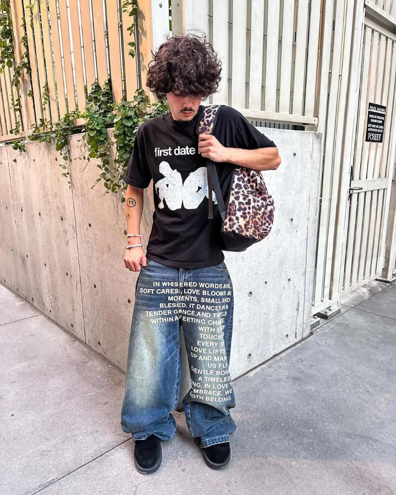 Vintage Y2K Mens Jeans - Gothic Streetwear Wide Leg Casual Fashion - ZOOMNSTORE