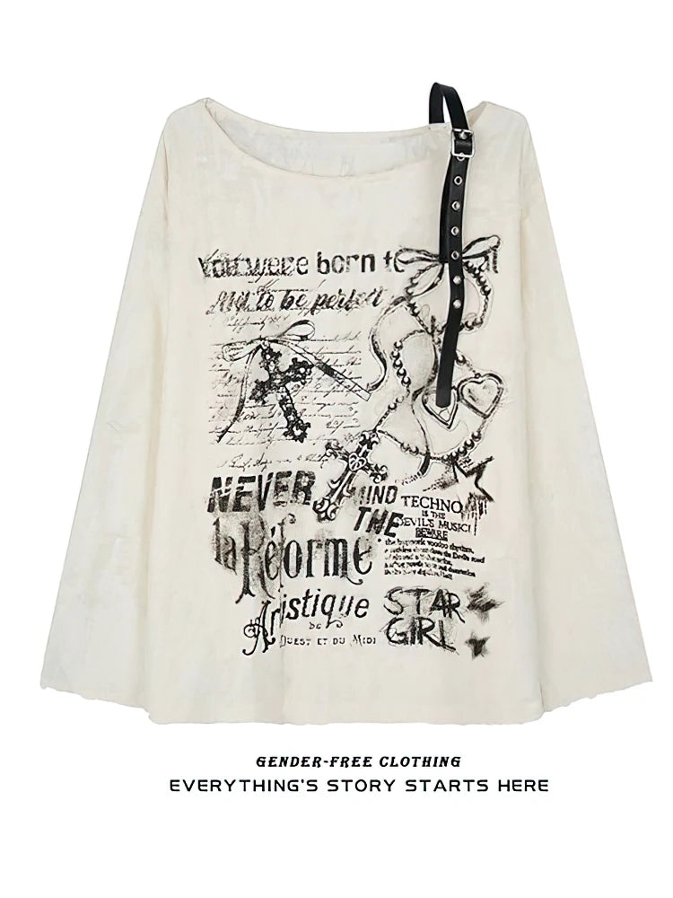 Vintage Y2K Oversized Off-Shoulder Hip Hop T-Shirt - Baggy Long Sleeve Womens Top - ZOOMNSTORE