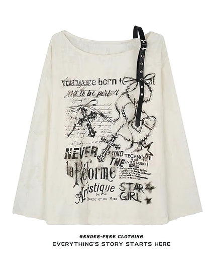 Vintage Y2K Oversized Off-Shoulder Hip Hop T-Shirt - Baggy Long Sleeve Womens Top - ZOOMNSTORE