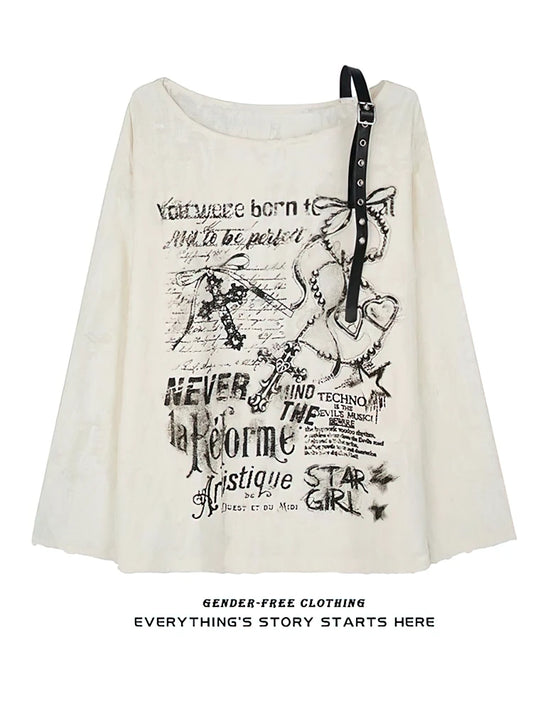 Vintage Y2K Oversized Off-Shoulder Hip Hop T-Shirt - Baggy Long Sleeve Womens Top - ZOOMNSTORE