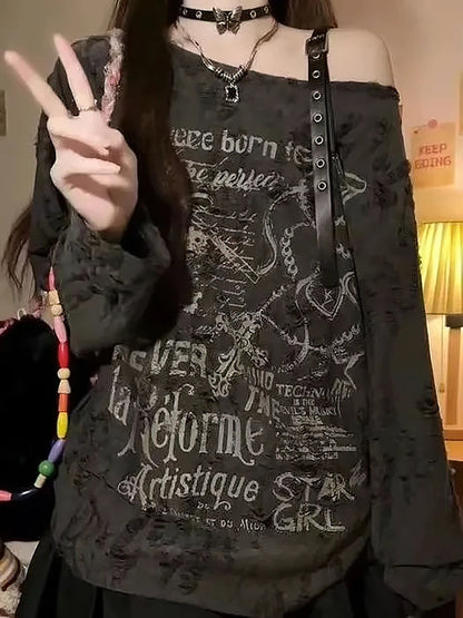 Vintage Y2K Oversized Off-Shoulder Hip Hop T-Shirt - Baggy Long Sleeve Womens Top - ZOOMNSTORE