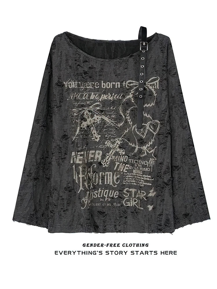 Vintage Y2K Oversized Off-Shoulder Hip Hop T-Shirt - Baggy Long Sleeve Womens Top - ZOOMNSTORE