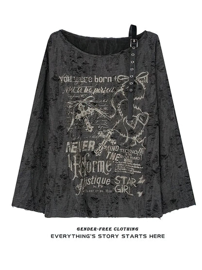 Vintage Y2K Oversized Off-Shoulder Hip Hop T-Shirt - Baggy Long Sleeve Womens Top - ZOOMNSTORE
