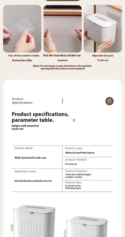 Wall-Mounted Trash Bin with Silicone Handle - Two-Way Opening Lid PP Storage Tube - ZOOMNSTORE