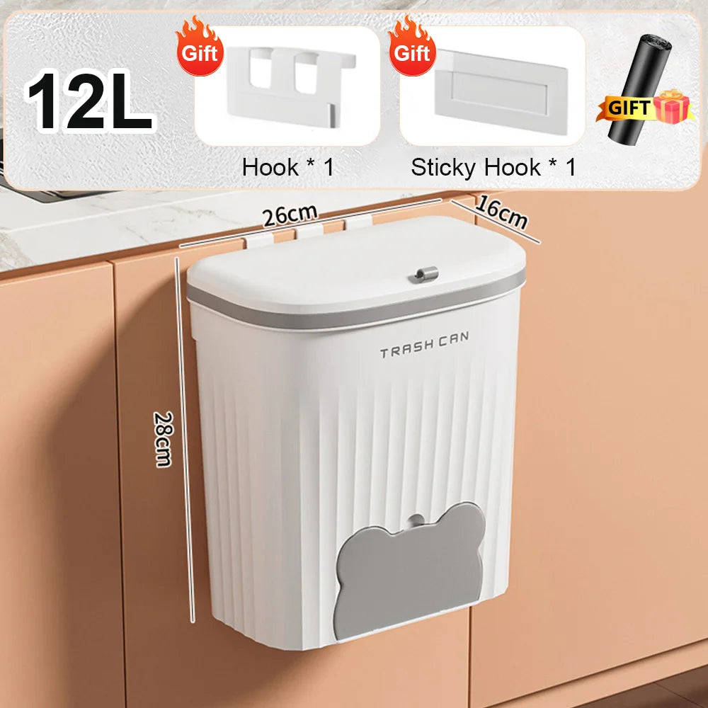 Wall Mounted Trash Can - 12L Kitchen Wastebasket With Lid & Odor Blocking Cover - ZOOMNSTORE