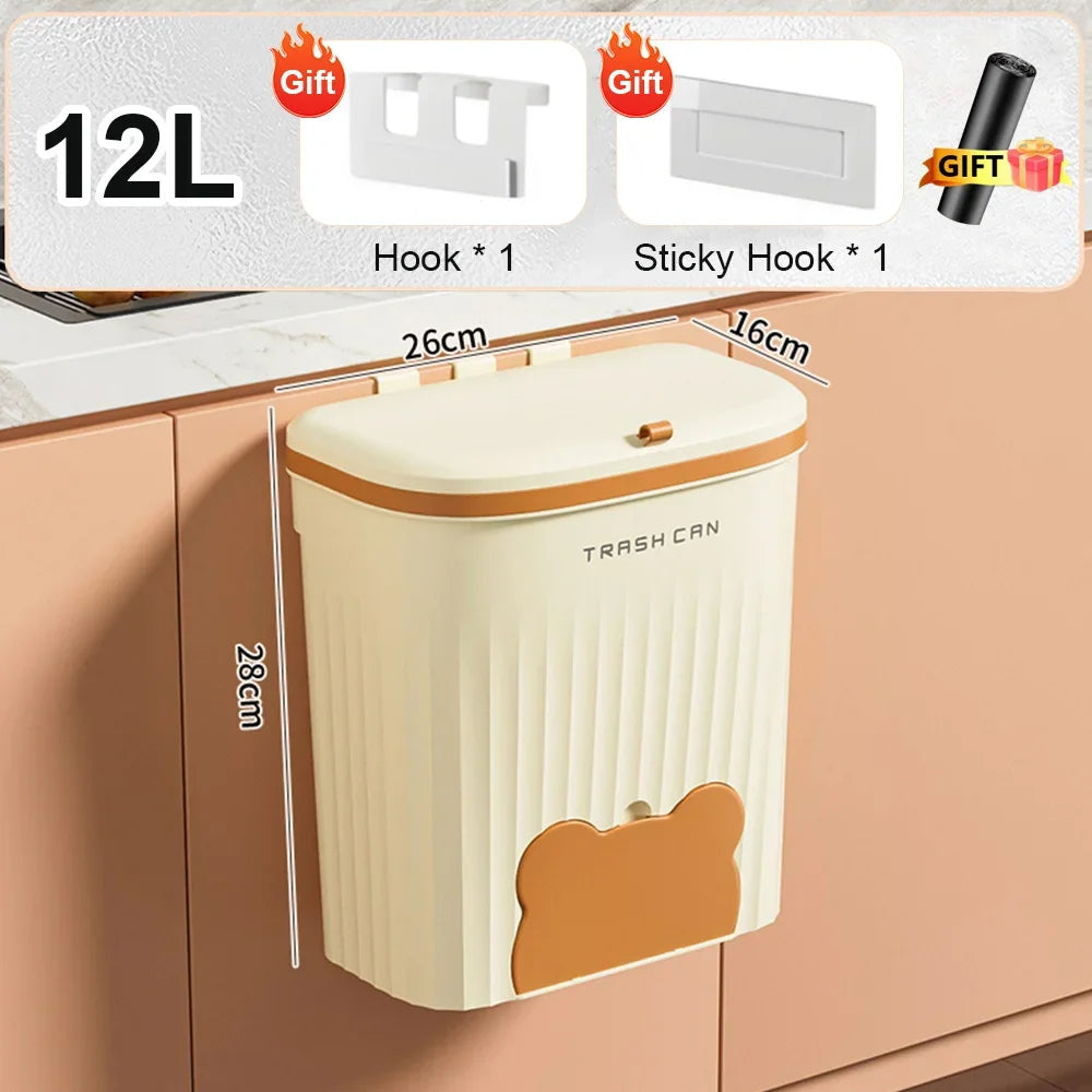 Wall Mounted Trash Can - 12L Kitchen Wastebasket With Lid & Odor Blocking Cover - ZOOMNSTORE