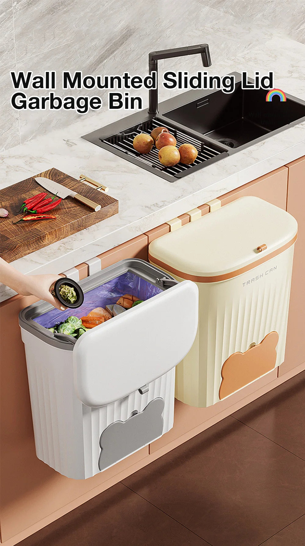 Wall Mounted Kitchen Trash Can - 8512L Bathroom Wastebasket with Lid for Under Sink Composting - ZOOMNSTORE