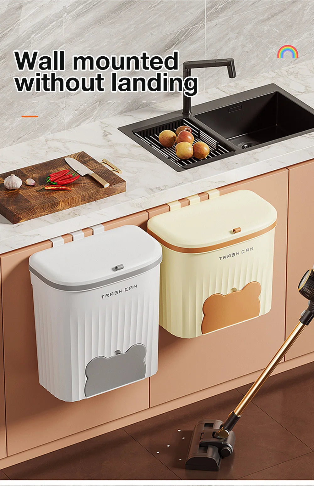 Wall Mounted Kitchen Trash Can - 8512L Bathroom Wastebasket with Lid for Under Sink Composting - ZOOMNSTORE