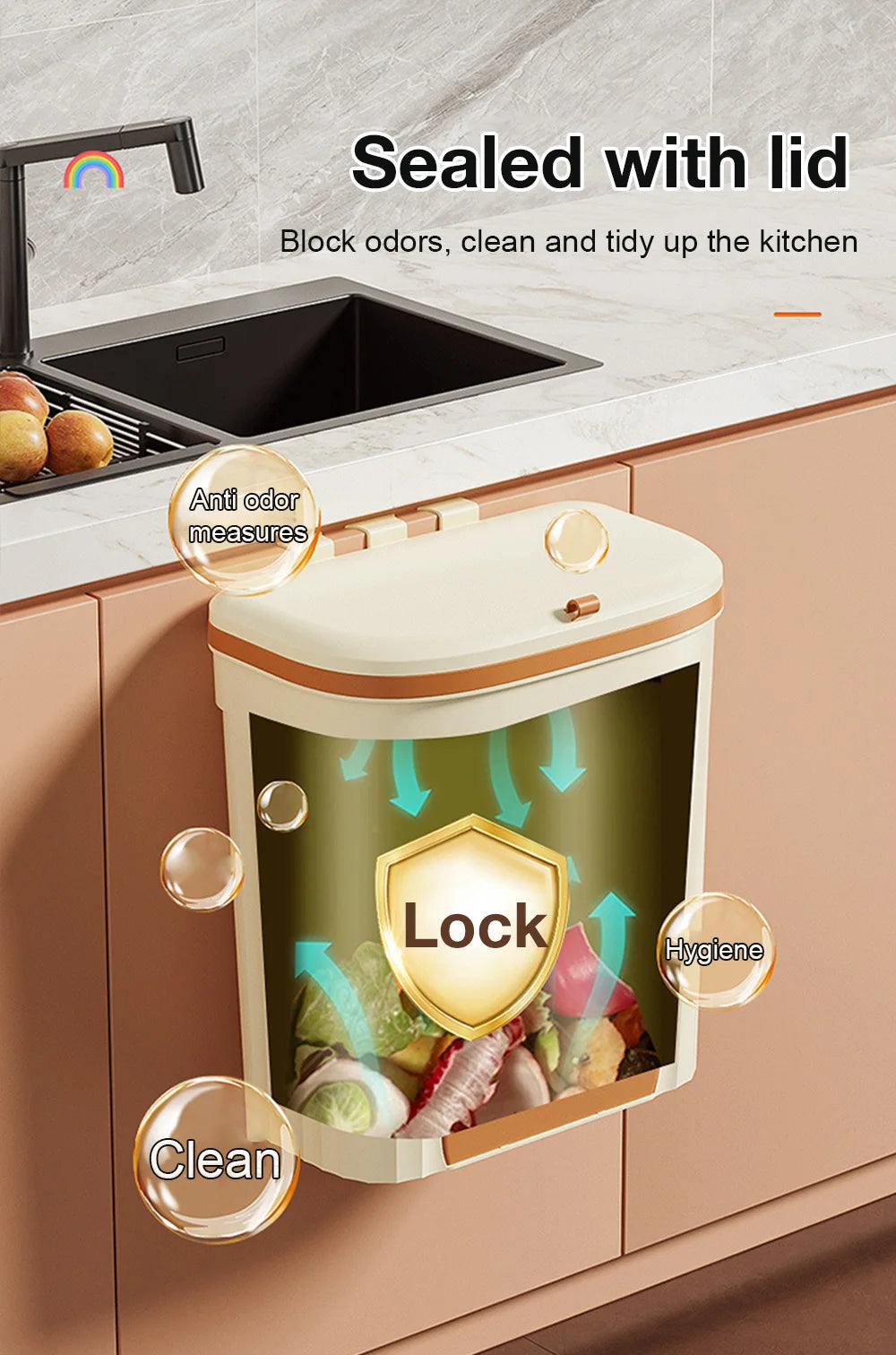 Wall Mounted Kitchen Trash Can - 8512L Bathroom Wastebasket with Lid for Under Sink Composting - ZOOMNSTORE