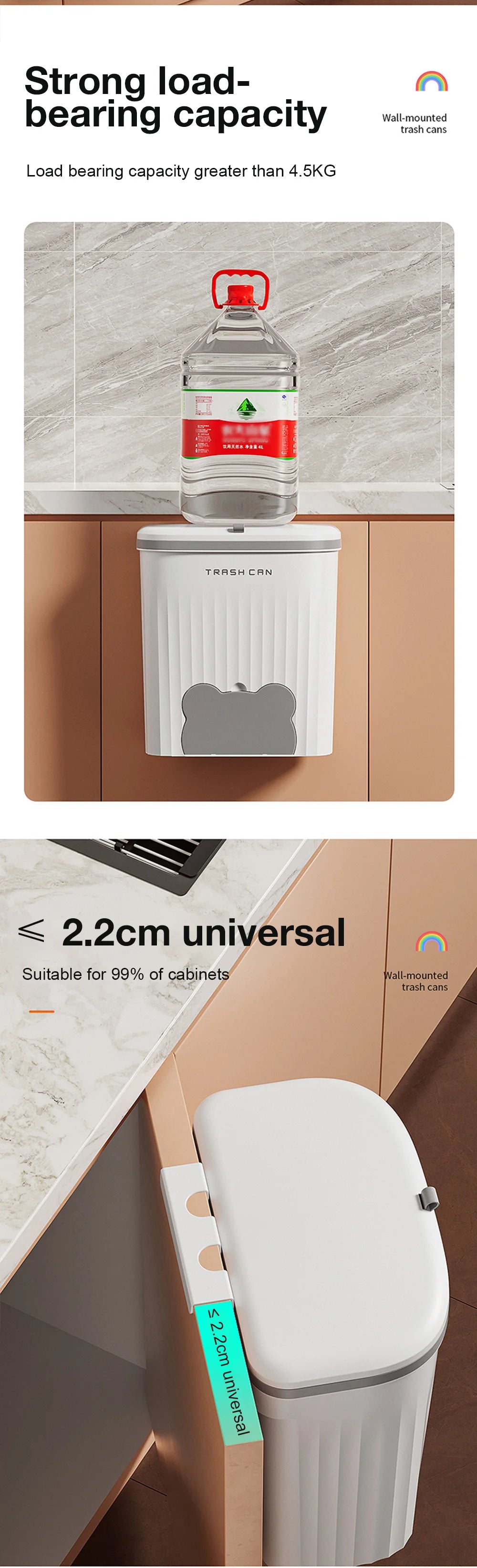 Wall Mounted Kitchen Trash Can - 8512L Bathroom Wastebasket with Lid for Under Sink Composting - ZOOMNSTORE