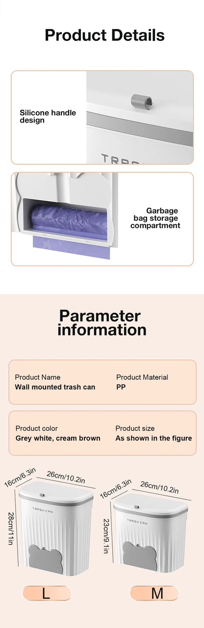 Wall Mounted Kitchen Trash Can - 8512L Bathroom Wastebasket with Lid for Under Sink Composting - ZOOMNSTORE