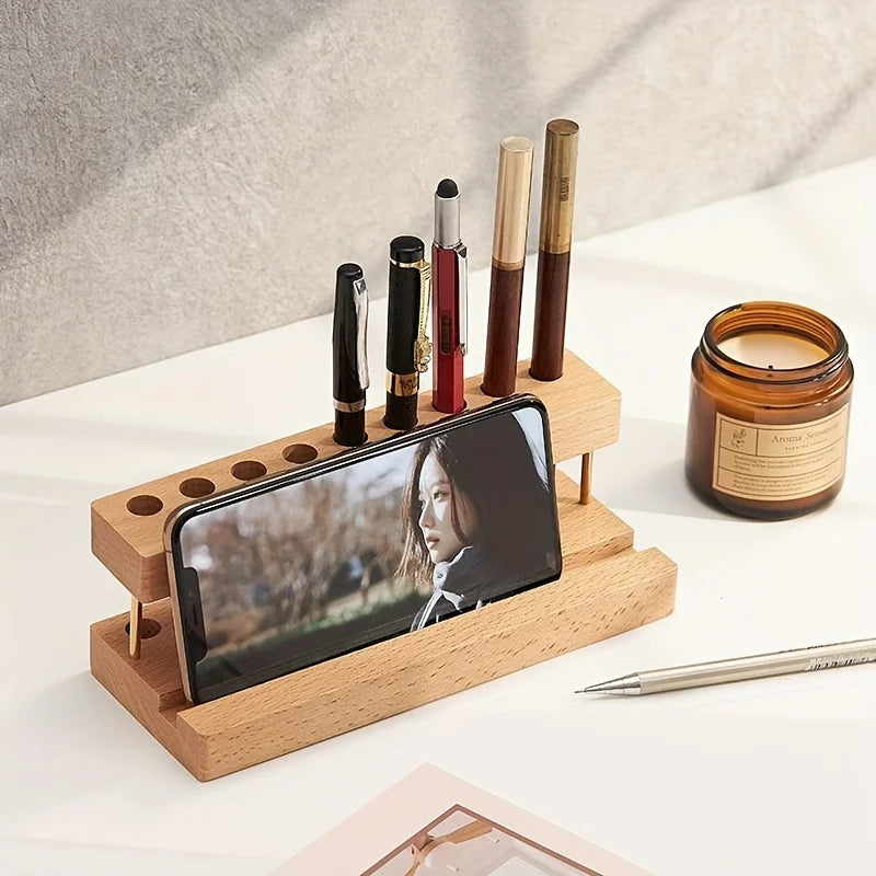 Walnut Desk Organizer - Wooden Pen Holder, Phone Stand & Office Storage Rack - ZOOMNSTORE