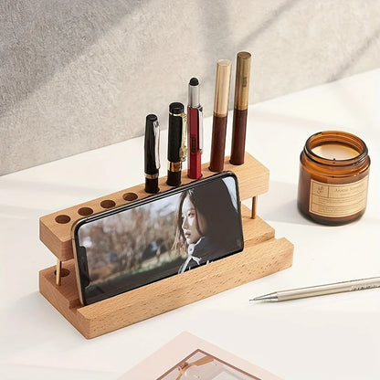 Walnut Desk Organizer - Wooden Pen Holder, Phone Stand & Office Storage Rack - ZOOMNSTORE