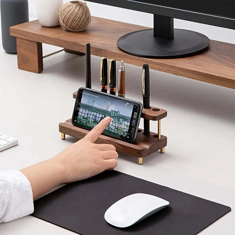 Walnut Desk Organizer - Wooden Pen Holder, Phone Stand & Office Storage Rack - ZOOMNSTORE