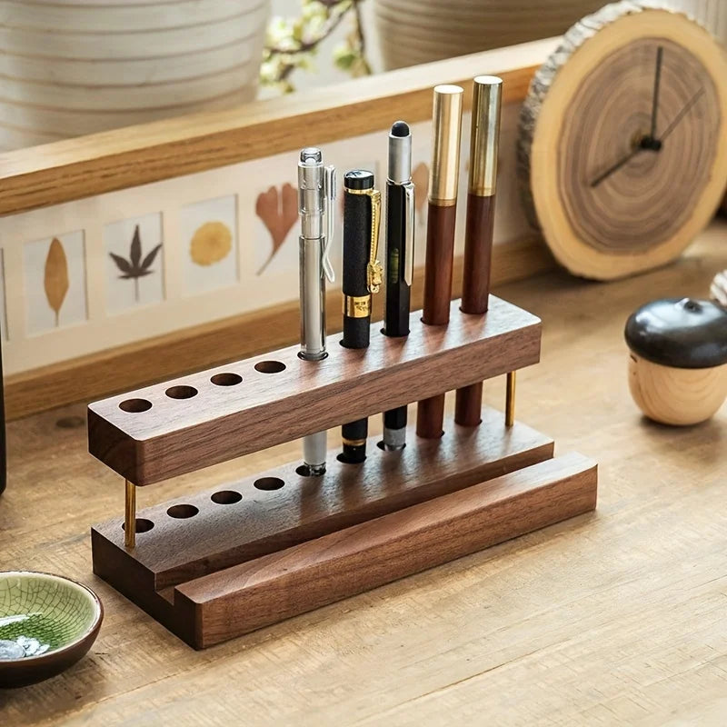 Walnut Desk Organizer - Wooden Pen Holder, Phone Stand & Office Storage Rack - ZOOMNSTORE