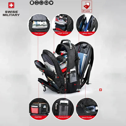 Waterproof 17 Swiss Laptop Backpack - USB Charging Multifunctional Rucksack for School Hiking Travel - ZOOMNSTORE