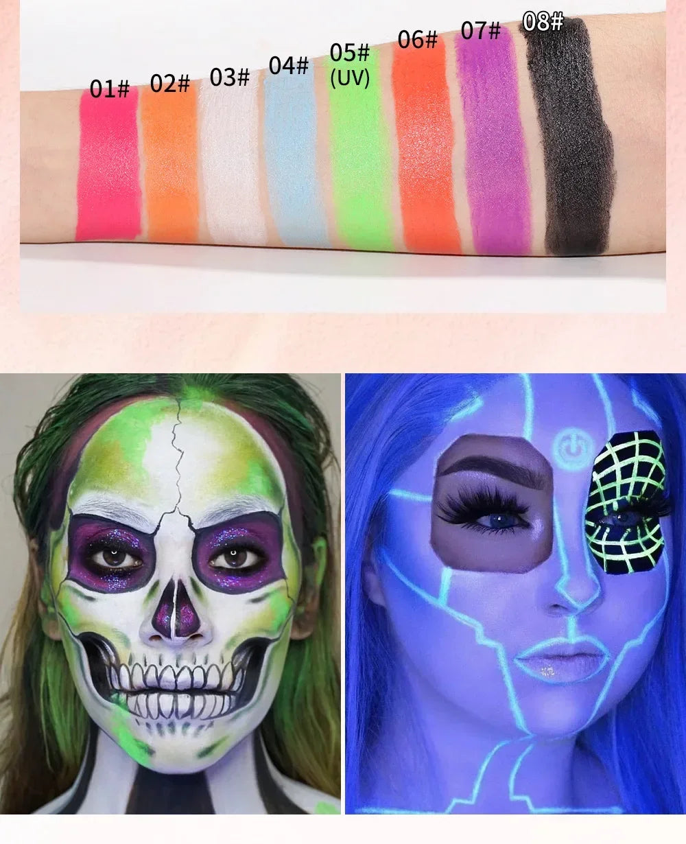 Halloween Face Body Painting Stick Cream Waterproof UV Light Neon Green Purple Pink Black White Paint Party Art Makeup - ZOOMNSTORE