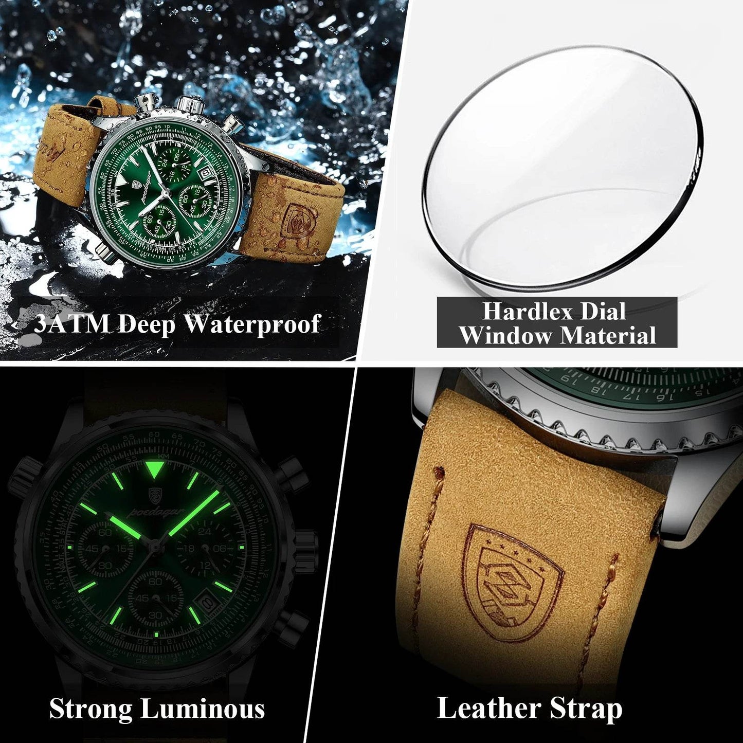 POEDAGAR Luxury Man Watch Quartz Waterproof Luminous Date Chronograph Leather Men Wristwatch Military Sports Men's Watches Reloj - ZOOMNSTORE