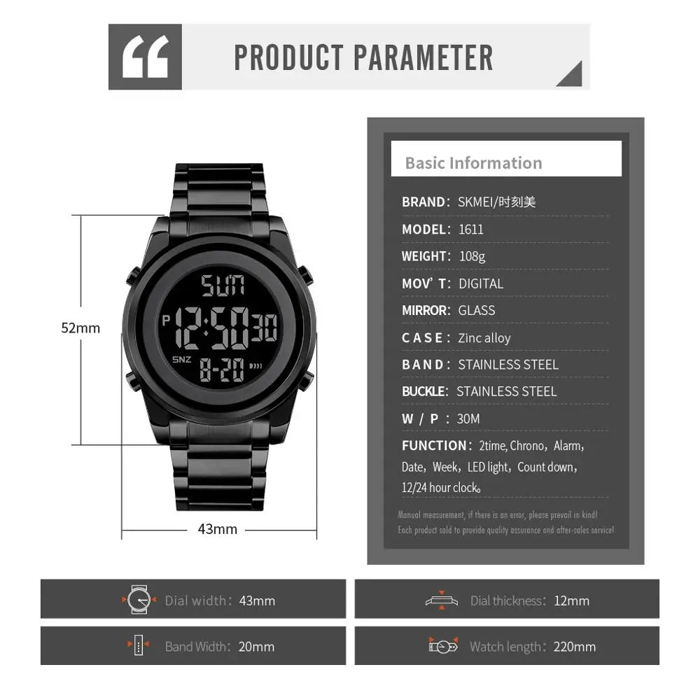 Waterproof Digital Watch - SKMEI Men's Stainless Steel Sports Chronograph Wristwatch - ZOOMNSTORE